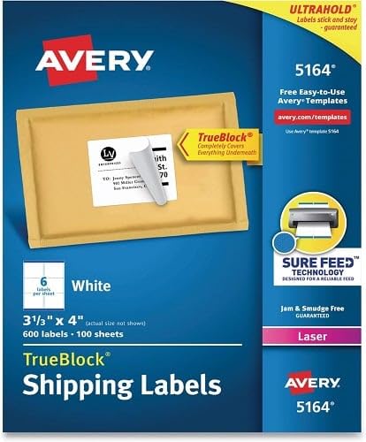 Avery 5164 TrueBlock Shipping Labels, Laser Print, 3-1/3 x 4, White, 600/Box - Image 3