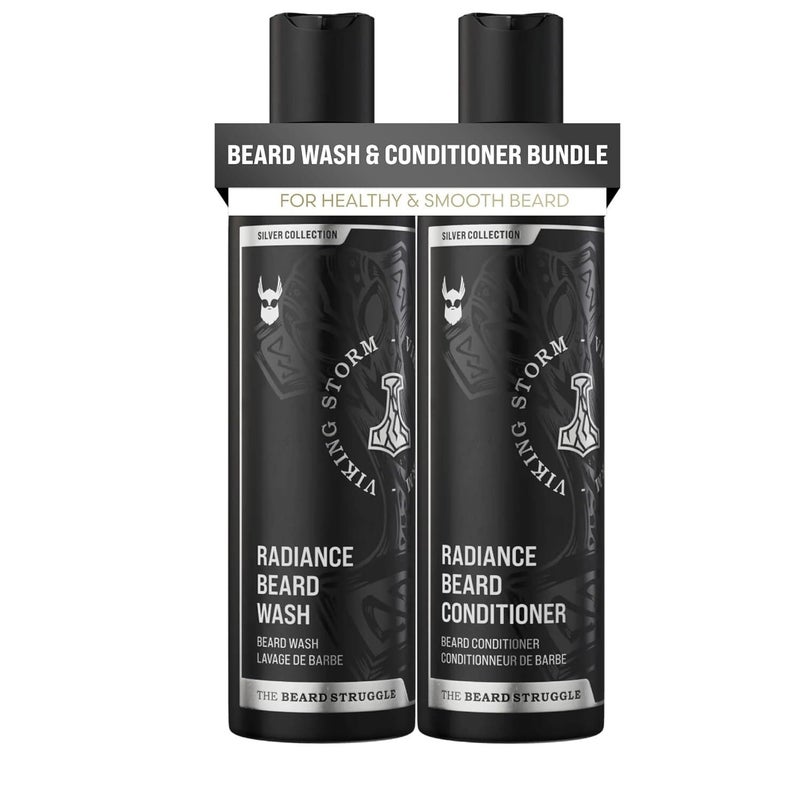 The Beard Struggle Radiance Beard Wash Conditioner Bundle Silver Collection Pack of 2 Viking Storm Nourish Cleanse Softens Strengthens Beard Beard Wash and Conditioner for Men