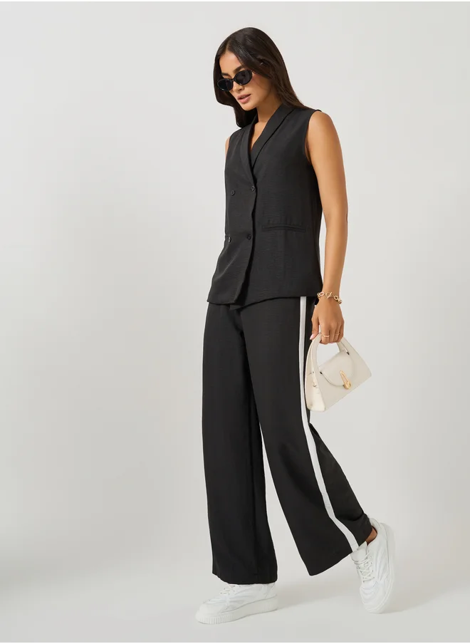 Styli Solid Shawl Collar Sleeveless Blazer and Side Stripe Straight Leg Pants Co-Ords