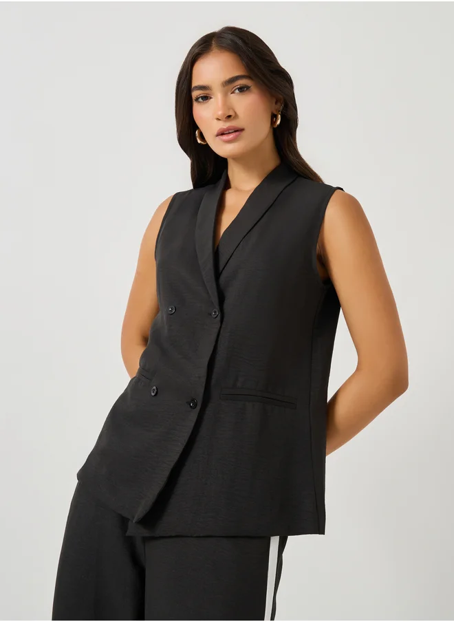 Styli Solid Shawl Collar Sleeveless Blazer and Side Stripe Straight Leg Pants Co-Ords
