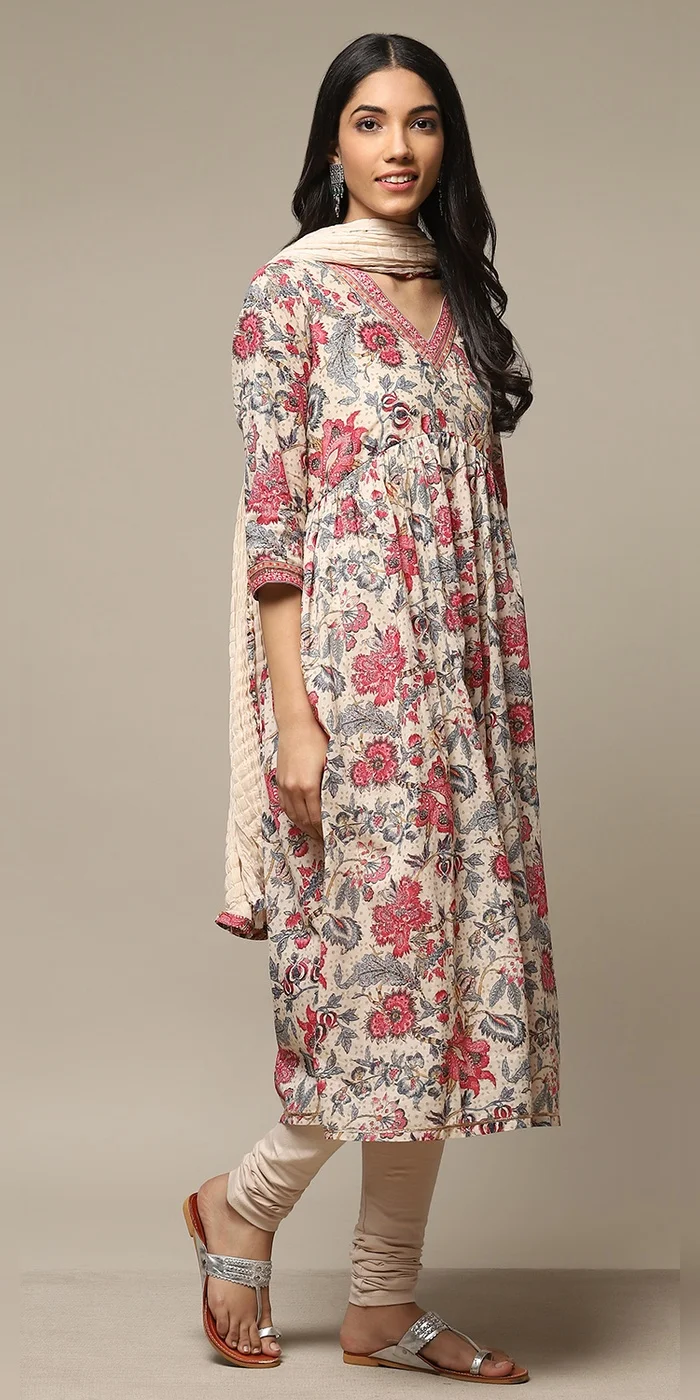 Biba  Women Beige Cotton Gathered Kurta Churidar Suit Set  | Best Price UAE