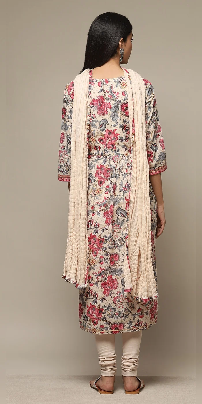 Biba  Women Beige Cotton Gathered Kurta Churidar Suit Set  | Best Price UAE