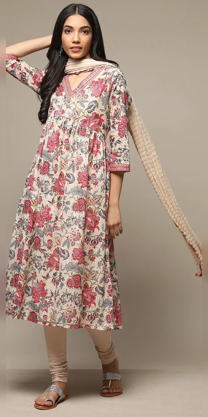 Women Beige Cotton Gathered Kurta Churidar Suit Set