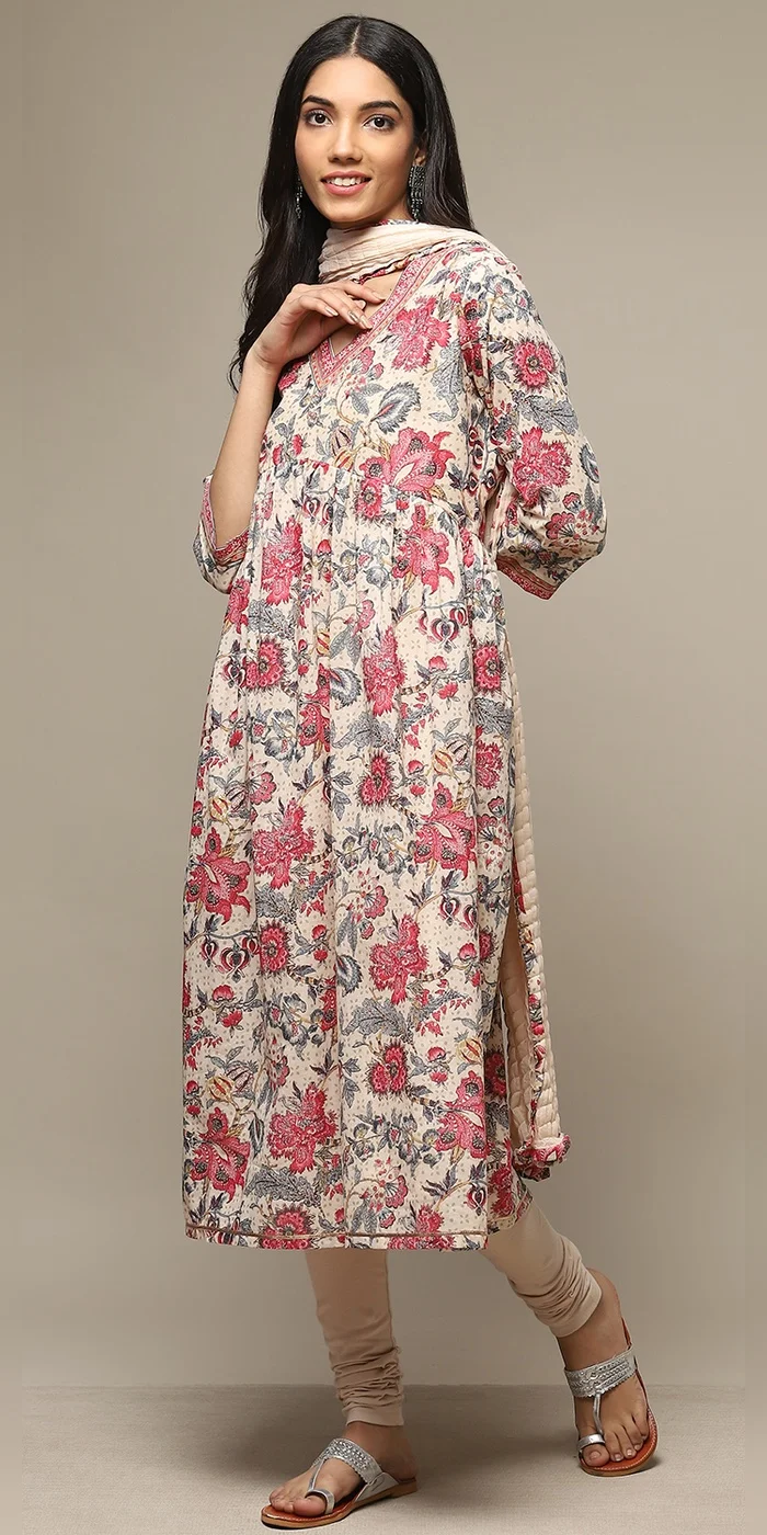 Biba  Women Beige Cotton Gathered Kurta Churidar Suit Set  | Best Price UAE
