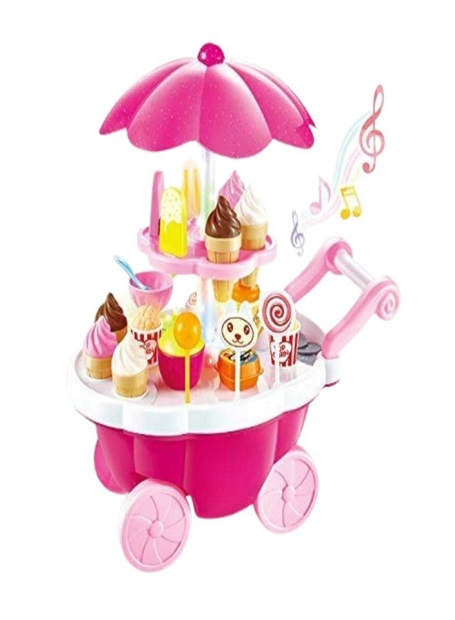 BIG FOLK Ice Cream & Candy Trolley Pretend Play Set | 39 Pcs Role Play Cart Toy with Kitchen Accessories | Learning Toy for Kids | Birthday Gift for Boys & Girls - Pink & Yellow Color (Pink) - Image 1