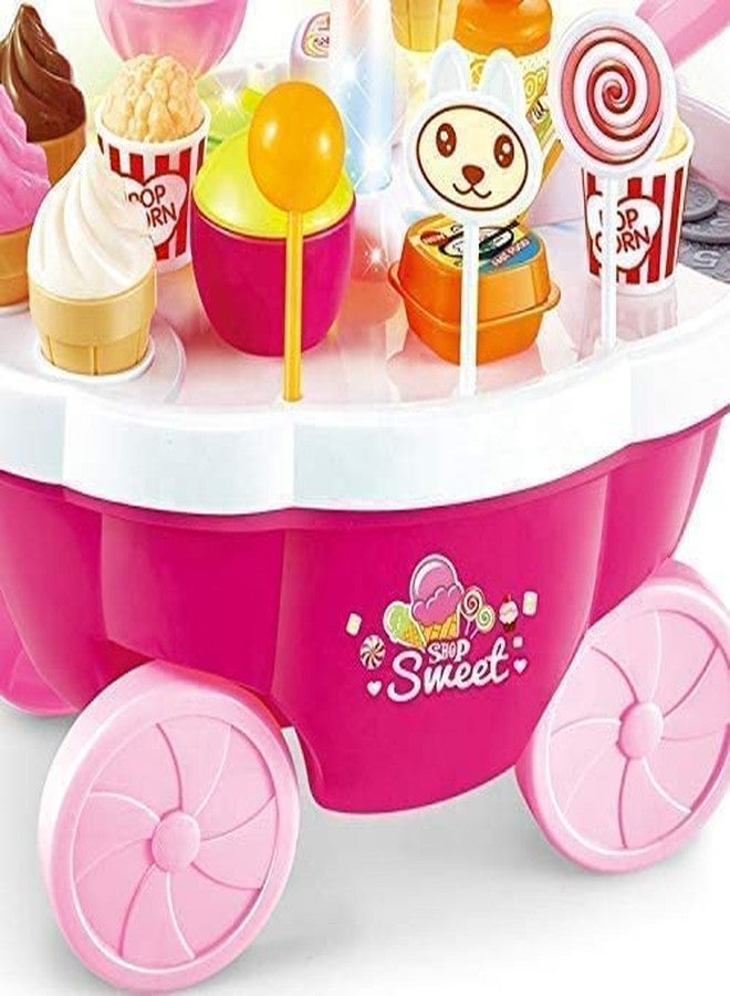 BIG FOLK Ice Cream & Candy Trolley Pretend Play Set | 39 Pcs Role Play Cart Toy with Kitchen Accessories | Learning Toy for Kids | Birthday Gift for Boys & Girls - Pink & Yellow Color (Pink) - Image 3