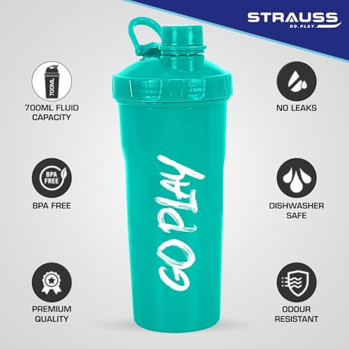 STRAUSS Aqua Shaker Bottle | 100% BPA- Free | Leakproof Shaker for Protein Shake |Ideal Pre-Post Workout Shake|Blender Bottle for Smoothies & Shakes | Ideal for Both Men and Women | 700ml,(Aqua Green) - Image 2
