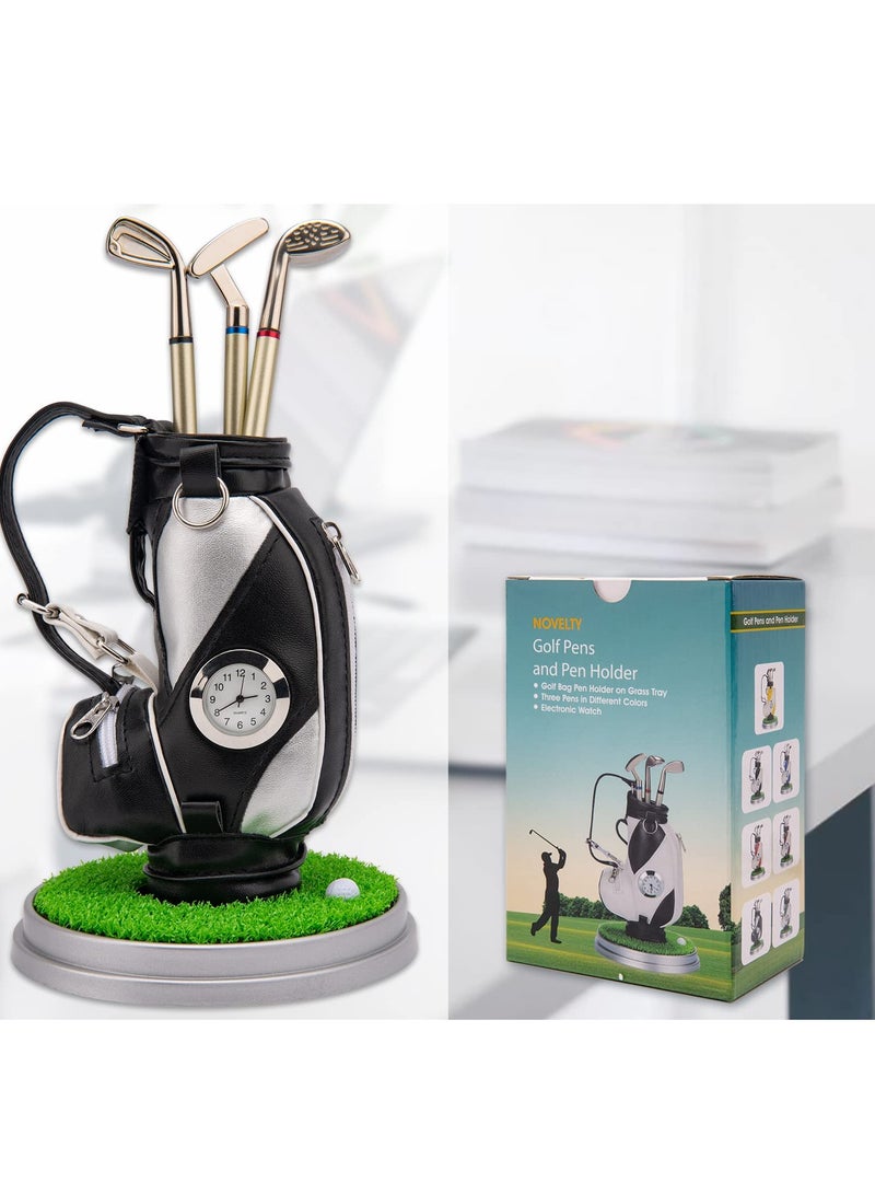 SOLARAE Mini Golf Bag Pen Holder Set with Clock and 3 Golf Club Pens - Perfect Desktop Accessory for Golf Fans, Novelty Gift and Event Souvenir for Coworkers - Image 1