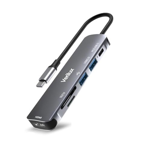 Verilux ® USB C Hub Multiport Adapter 6 in 1 Portable Aluminum USB Extender with 4K HDMI(30Hz), PD 87W, USB 3.0 Port, SD/Micro SD Card Reader, USB Type C Hub for MacBook Pro Air Type-C Devices - Image 1