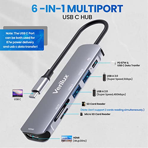 Verilux ® USB C Hub Multiport Adapter 6 in 1 Portable Aluminum USB Extender with 4K HDMI(30Hz), PD 87W, USB 3.0 Port, SD/Micro SD Card Reader, USB Type C Hub for MacBook Pro Air Type-C Devices - Image 2