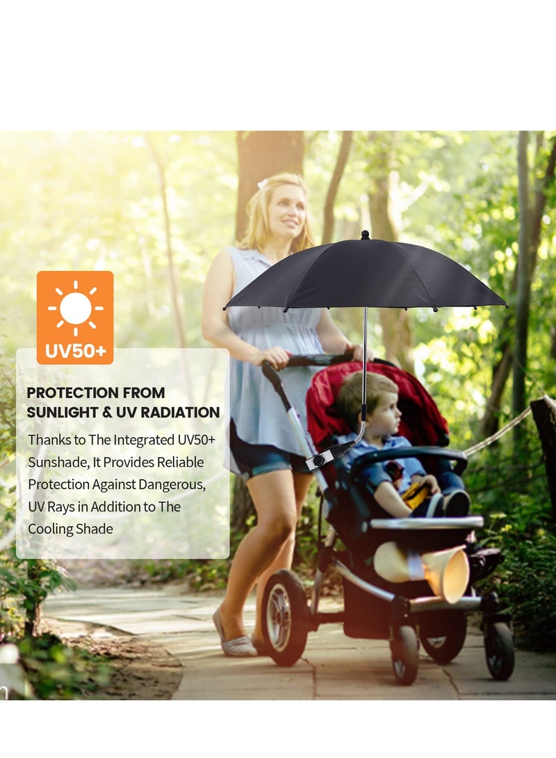 Baby Stroller Parasol, 75 cm Sunshade with Clip Universal Stroller UV Protection Umbrella 50+ Adjustable 360 Degree Waterproof Umbrella for Strollers, Strollers, Wheelchairs, Beach Chair - Black - Image 3