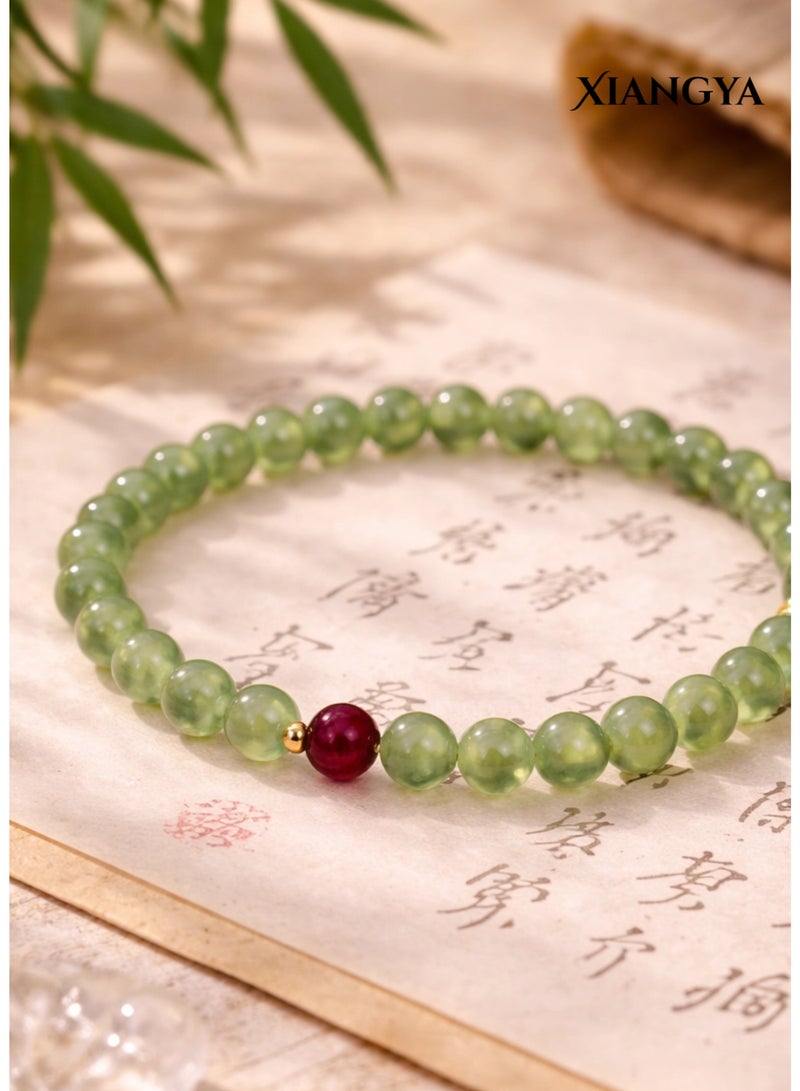 XIANGYA Bracelet For Ladies Green Jade Bracelet with Red Purple-Clay Bead Accent, 6MM Round Beads, Elastic Minimalist Jewelry | Crimson Dew - Image 2