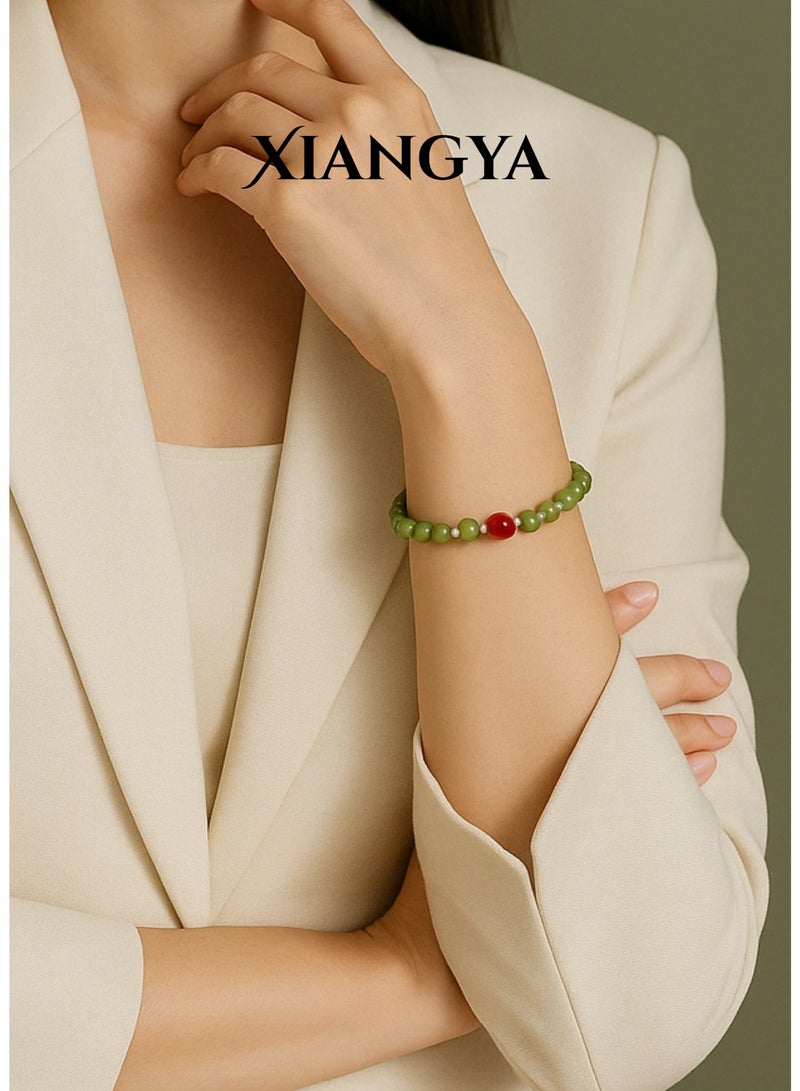 XIANGYA Bracelet For Ladies Green Jade Bracelet with Red Purple-Clay Bead Accent, 6MM Round Beads, Elastic Minimalist Jewelry | Crimson Dew - Image 1