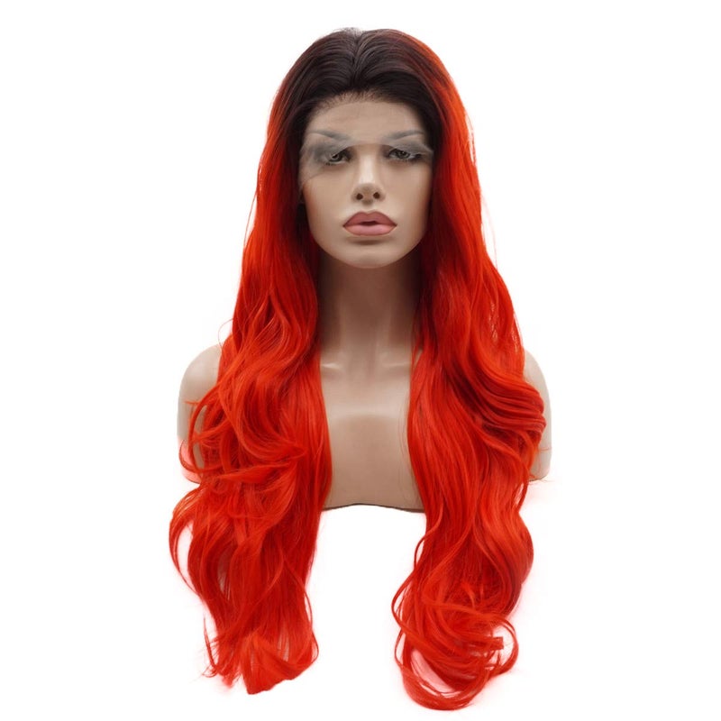 Lushy Lushy Hair Synthetic Lace Front Wig Wavy Long 26inch Dark Root Bright Red Ombre Wig Full Density Wig 