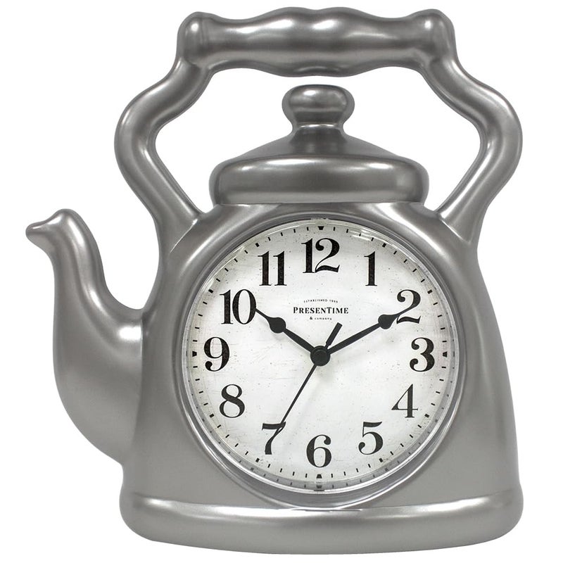 Presentime Co 11 Teapot Clock Silent Non Ticking Modern Farmhouse Style Wall Mantel 2 in 1 Clock Desk Shelf Steel Silver Finish Wall DeocrationHome DecorationTabletop Dcor