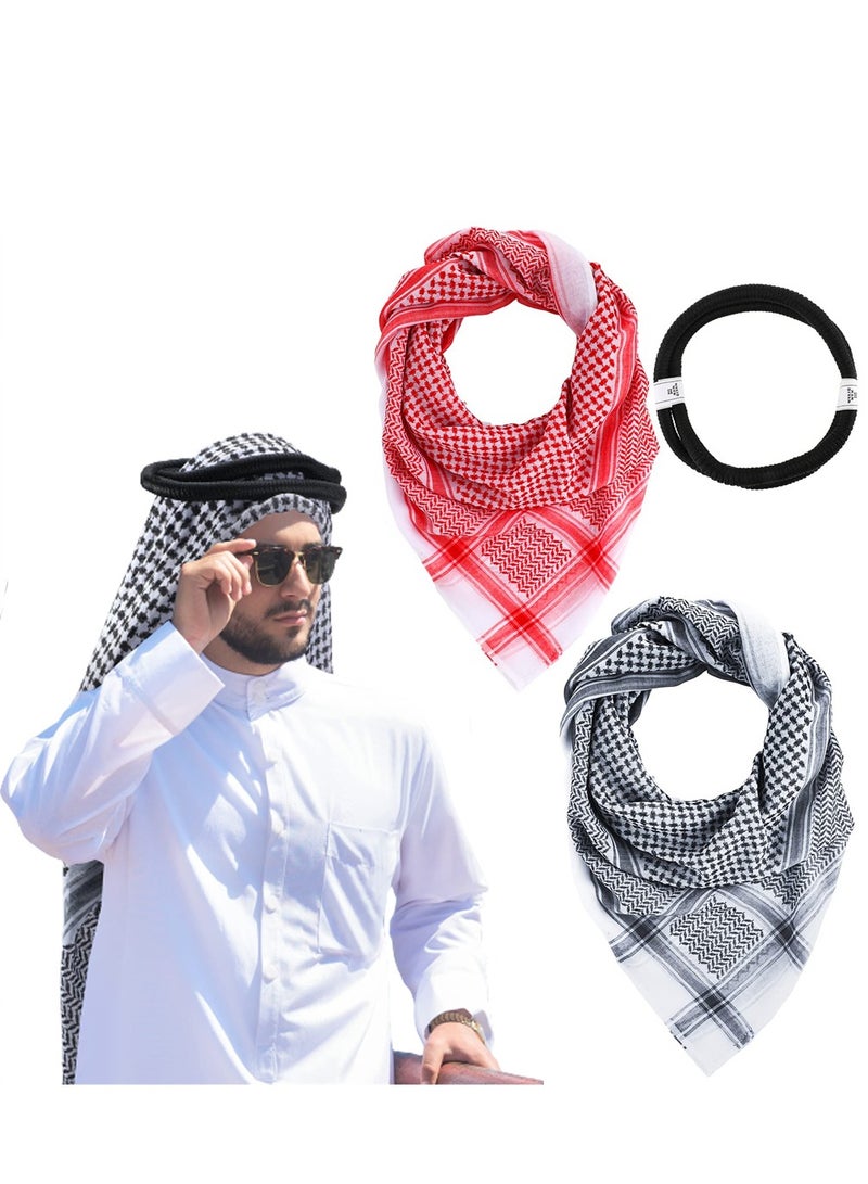Luckam Arab Keffiyeh Shemagh Turban, Arabian Costume Muslim Headscarf with Aqel Rope, Middle Eastern Desert Arabian Shawl Palestine Traditional Arabia Headscarf for Men, 2 Patterns - Image 1