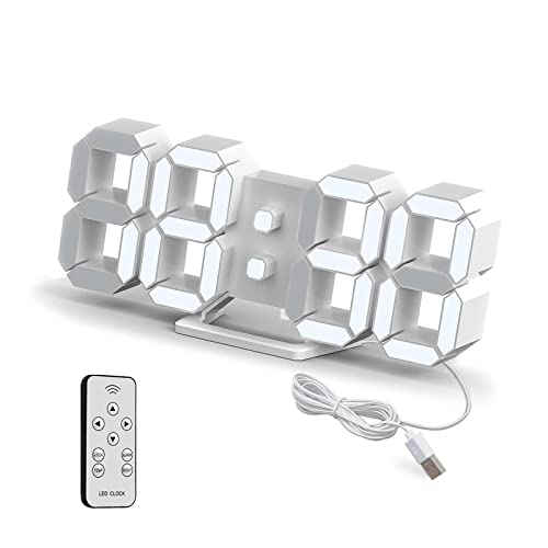 Deeyaple LED Clock, 3D Digital Wall & Desk Alarm Clock with Snooze, Dimmable Display, Time Memory, 12/24H Date & Temperature, Remote Control Night Light for Bedroom, Office, Kitchen, Home (White) - Image 1