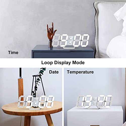 Deeyaple LED Clock, 3D Digital Wall & Desk Alarm Clock with Snooze, Dimmable Display, Time Memory, 12/24H Date & Temperature, Remote Control Night Light for Bedroom, Office, Kitchen, Home (White) - Image 3