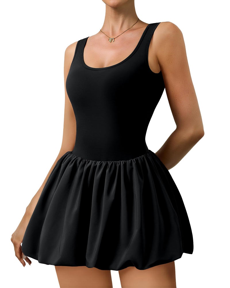 DLOODA Athletic Dress for Women Bubble Hem Tennis Dress with Pockets U Neck Sleeveless Dress with Built in Shorts Black - Image 1