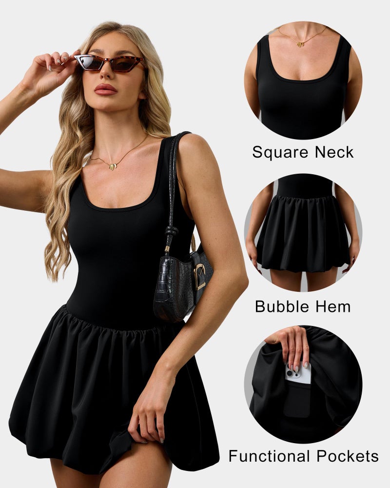 DLOODA Athletic Dress for Women Bubble Hem Tennis Dress with Pockets U Neck Sleeveless Dress with Built in Shorts Black - Image 4