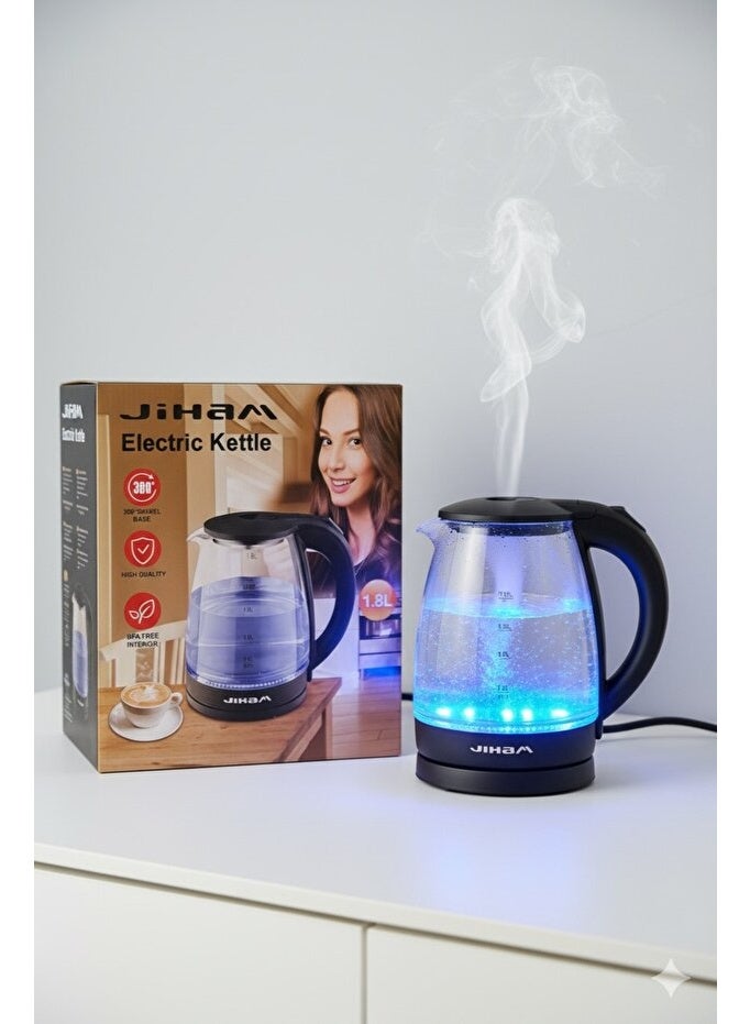 JIHAM 1.8L Electric Kettle | BPA-Free Glass Body | 1500–2000W Fast Boil | 360° Swivel Base | LED Indicator | Auto Shut-Off | Durable & Stylish Water Boiler - Image 2
