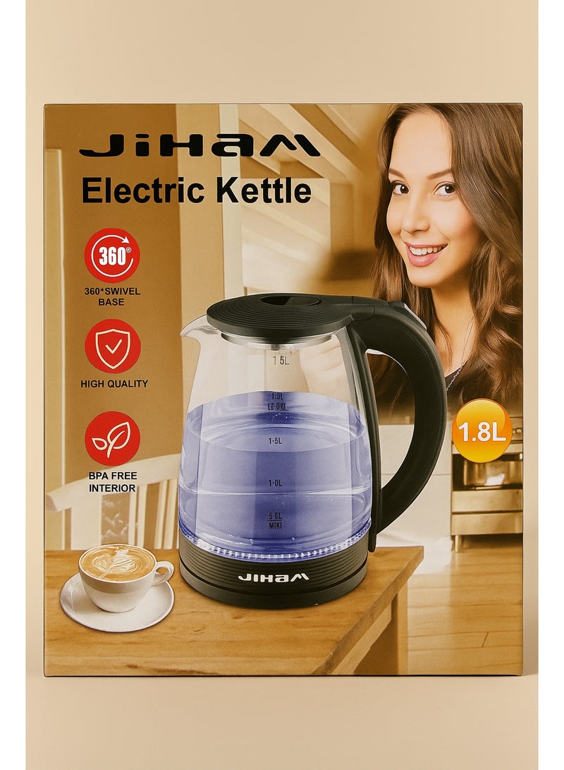JIHAM 1.8L Electric Kettle | BPA-Free Glass Body | 1500–2000W Fast Boil | 360° Swivel Base | LED Indicator | Auto Shut-Off | Durable & Stylish Water Boiler - Image 4