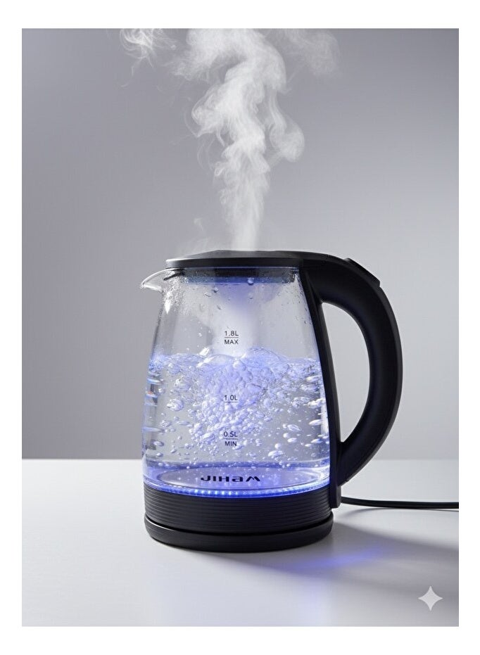 JIHAM 1.8L Electric Kettle | BPA-Free Glass Body | 1500–2000W Fast Boil | 360° Swivel Base | LED Indicator | Auto Shut-Off | Durable & Stylish Water Boiler - Image 1
