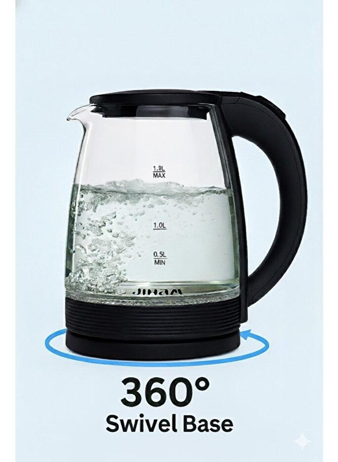 JIHAM 1.8L Electric Kettle | BPA-Free Glass Body | 1500–2000W Fast Boil | 360° Swivel Base | LED Indicator | Auto Shut-Off | Durable & Stylish Water Boiler - Image 3
