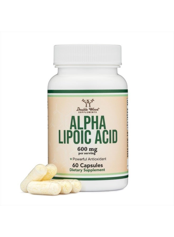 Double Wood Supplements حمض ألفا ليبويك 600 ملغ لكل حصة، 60 كبسولة (مختبر من طرف ثالث، خالي من الكائنات المعدلة وراثيًا، خالي من الغلوتين، آمن للنباتيين) مضاد أكسدة قوي لصحة الأعصاب وصحة القلب والأوعية الدموية (مكمل ALA) من دابل وود - Image 1