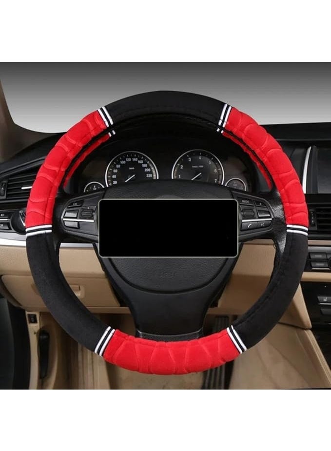 غطاء عجلة قيادة للسيارة من القطيفة، دافئ وغير قابل للانزلاق لفصل الخريف والشتاء، إكسسوار داخلي أنيق للسيارة (أحمر) - Image 2