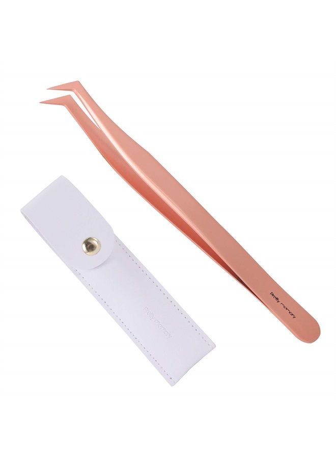 Pretty memory Volume Lash Tweezers,Stainless Steel Eyelash Extension Tweezers, Professional Precision Mega Curved Angled Tweezer, Rose Gold - Image 1