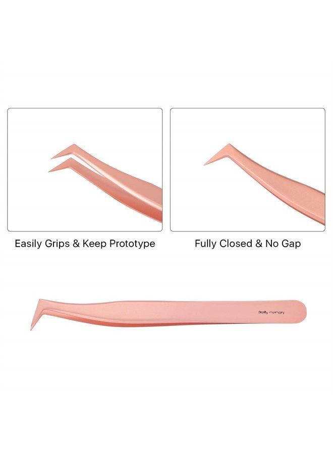 Pretty memory Volume Lash Tweezers,Stainless Steel Eyelash Extension Tweezers, Professional Precision Mega Curved Angled Tweezer, Rose Gold - Image 3