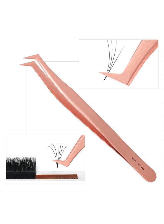 Pretty memory Volume Lash Tweezers,Stainless Steel Eyelash Extension Tweezers, Professional Precision Mega Curved Angled Tweezer, Rose Gold - Image 2