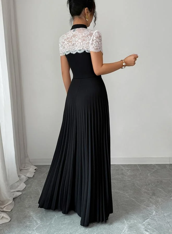 Take Two Black Lace Insert Pleated A-Line Maxi Dress