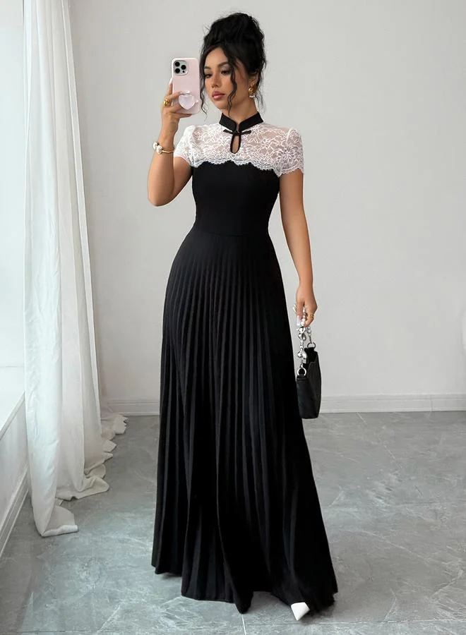 Take Two Black Lace Insert Pleated A-Line Maxi Dress