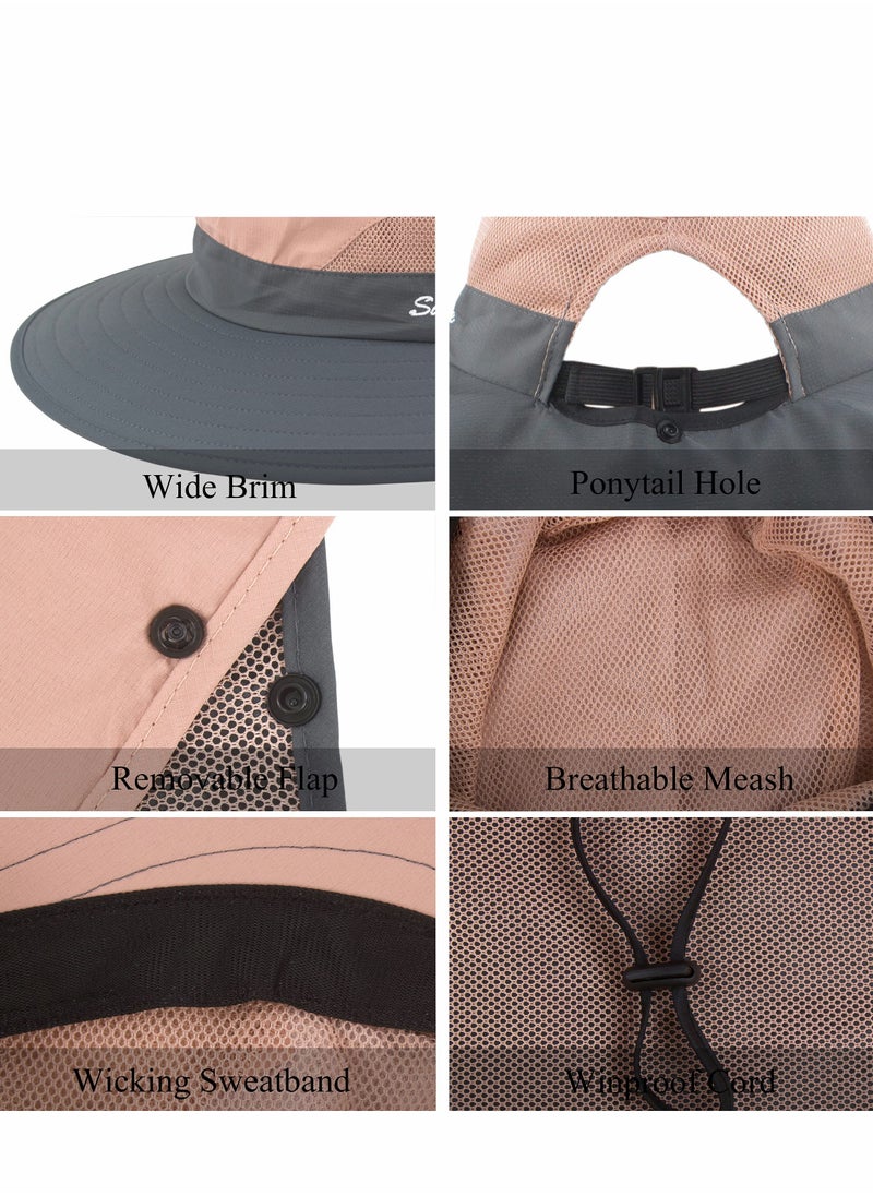 Excefore Women's Sun Fishing Hat, Womens Hiking Hat Foldable Nylon Wide Brim with Large Neck Flap UPF 50+ Protection Hats for Beach Safari Fishing, Pink  - Image 3