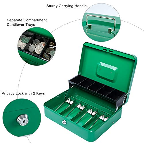 KYODOLED Locking Cash Box with Lock,Money Box with Cash Tray,Lock Safe Box with Key,Money Saving Organizer,11.81Lx 9.45Wx 3.54H Inches,Green XL Large - Image 2