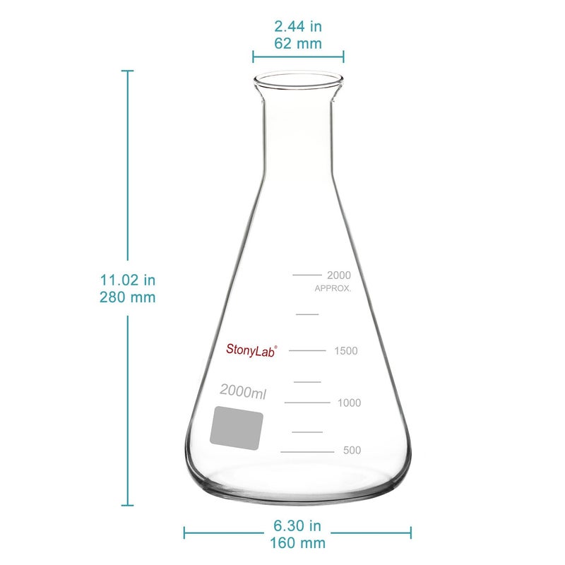 stonylab Glass Wide Mouth Erlenmeyer Flask, 2000 ml Borosilicate Glass Erlenmeyer Flask with Heavy Duty Rim, 1 Pack - Image 2