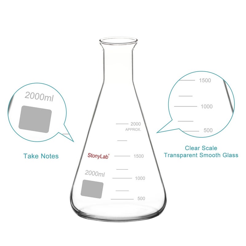 stonylab Glass Wide Mouth Erlenmeyer Flask, 2000 ml Borosilicate Glass Erlenmeyer Flask with Heavy Duty Rim, 1 Pack - Image 3
