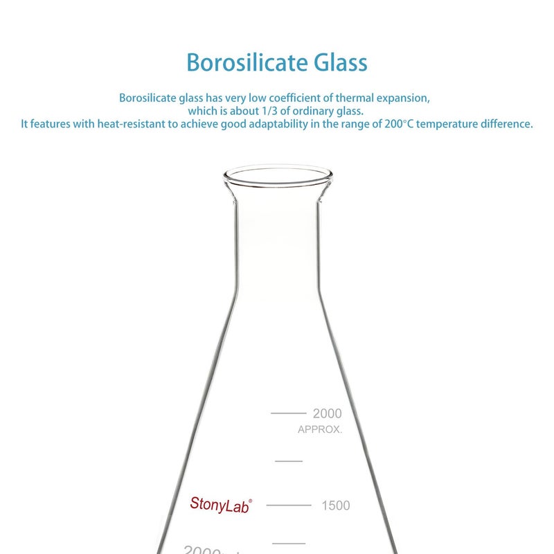 stonylab Glass Wide Mouth Erlenmeyer Flask, 2000 ml Borosilicate Glass Erlenmeyer Flask with Heavy Duty Rim, 1 Pack - Image 4
