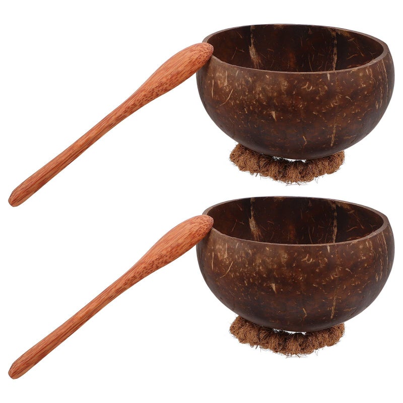Coconut Shell Serving Bowls Set with Wooden Spoons and Cushions Eco Friendly Dinnerware 4 Pcs - Image 2