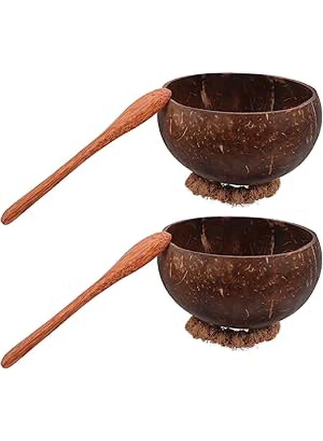 Coconut Shell Serving Bowls Set with Wooden Spoons and Cushions Eco Friendly Dinnerware 4 Pcs - Image 1