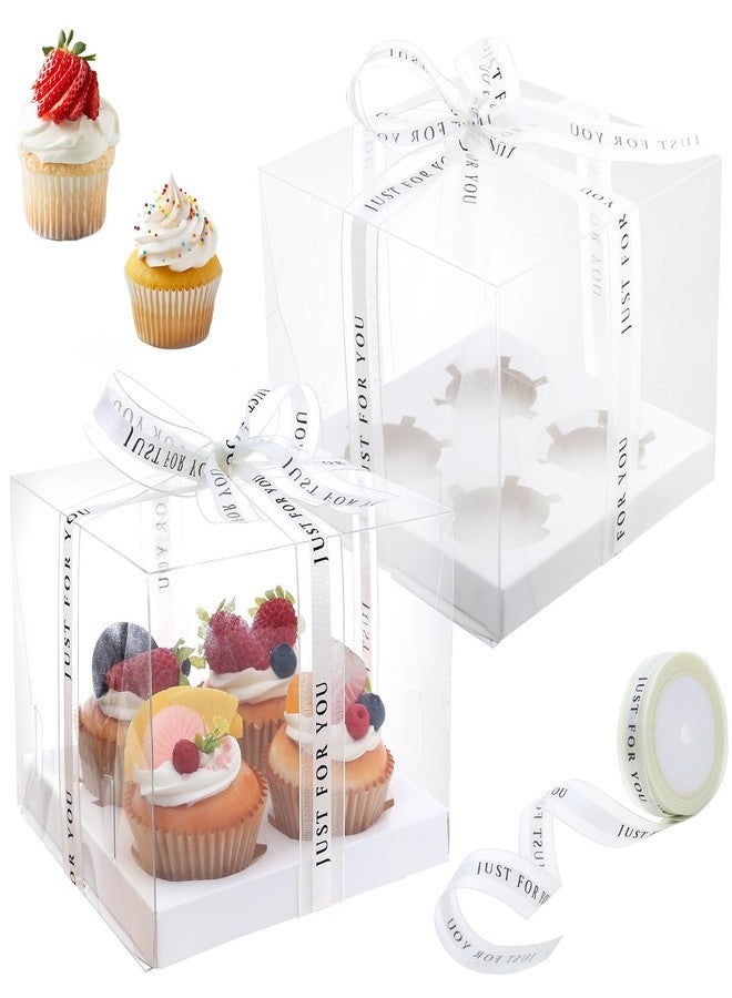 CHENZEM 5 Pcs clear cupcake boxes with complimentary gift ribbon, 4 Count cup container, plastic cupcake tray, suitable for desserts, cookies, muffins, pastries (White, 4 Counts/5 pcs) - Image 1