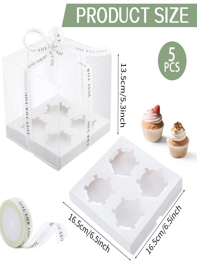 CHENZEM 5 Pcs clear cupcake boxes with complimentary gift ribbon, 4 Count cup container, plastic cupcake tray, suitable for desserts, cookies, muffins, pastries (White, 4 Counts/5 pcs) - Image 2