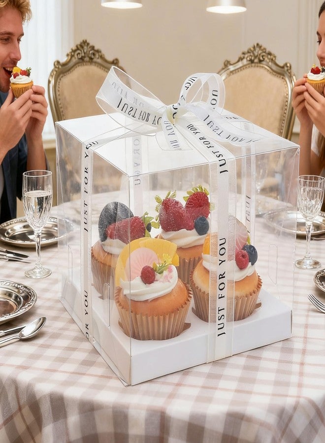 CHENZEM 5 Pcs clear cupcake boxes with complimentary gift ribbon, 4 Count cup container, plastic cupcake tray, suitable for desserts, cookies, muffins, pastries (White, 4 Counts/5 pcs) - Image 3