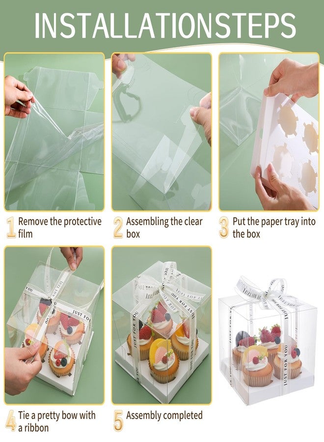 CHENZEM 5 Pcs clear cupcake boxes with complimentary gift ribbon, 4 Count cup container, plastic cupcake tray, suitable for desserts, cookies, muffins, pastries (White, 4 Counts/5 pcs) - Image 5