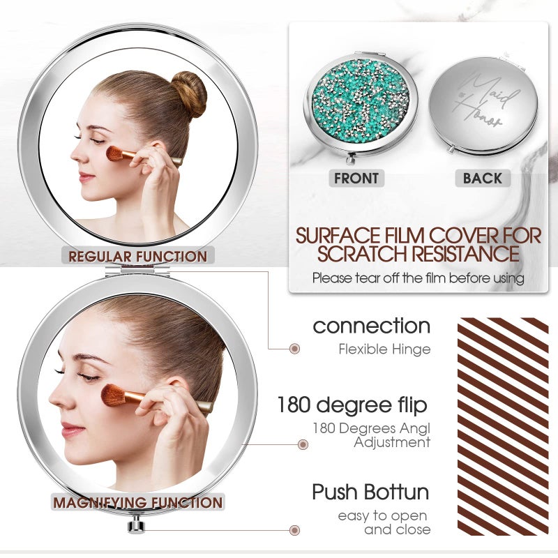 Roowest 8 Pcs Bridesmaid Compact Mirrors Bulk Magnifying Makeup Bridesmaid Gifts Set Double Sided For Purse Pocket For Bridal Shower Thank You Gifts Women Wedding Party Favors(Silver Green) - Image 2