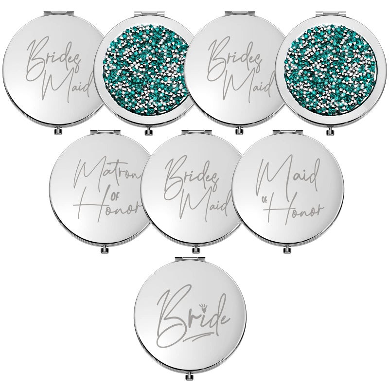Roowest 8 Pcs Bridesmaid Compact Mirrors Bulk Magnifying Makeup Bridesmaid Gifts Set Double Sided For Purse Pocket For Bridal Shower Thank You Gifts Women Wedding Party Favors(Silver Green) - Image 1