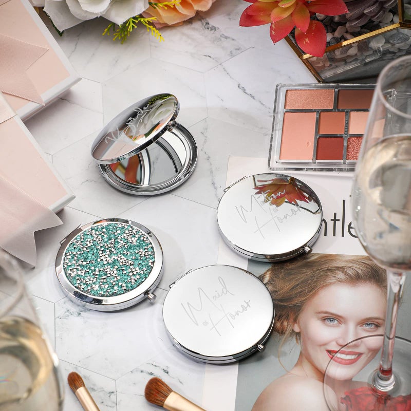 Roowest 8 Pcs Bridesmaid Compact Mirrors Bulk Magnifying Makeup Bridesmaid Gifts Set Double Sided For Purse Pocket For Bridal Shower Thank You Gifts Women Wedding Party Favors(Silver Green) - Image 4