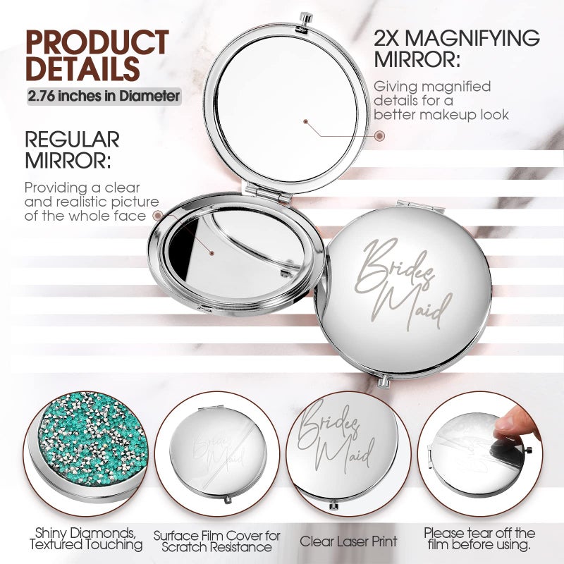 Roowest 8 Pcs Bridesmaid Compact Mirrors Bulk Magnifying Makeup Bridesmaid Gifts Set Double Sided For Purse Pocket For Bridal Shower Thank You Gifts Women Wedding Party Favors(Silver Green) - Image 3
